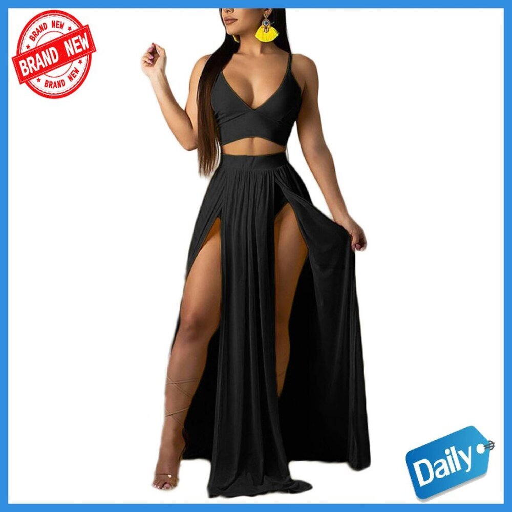 Sexy Chiffon 2-Piece Set Deep V Neck Crop Top High Split Maxi Skirt